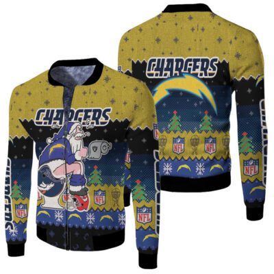 Santa Claus Los Angeles Chargers Sitting on Raiders Broncos Chiefs Toilet Christmas Gift For Chargers Fans Fleece Bomber Jacket
