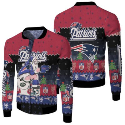 Santa Claus New England Patriots Sitting on Bills Jets Dolphins Toilet Christmas Gift For Patriots Fans Fleece Bomber Jacket