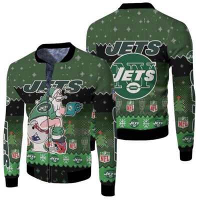 Santa Claus New York Jets Sitting on Dolphins Patriots Bills Toilet Christmas Gift For Jets Fans Fleece Bomber Jacket