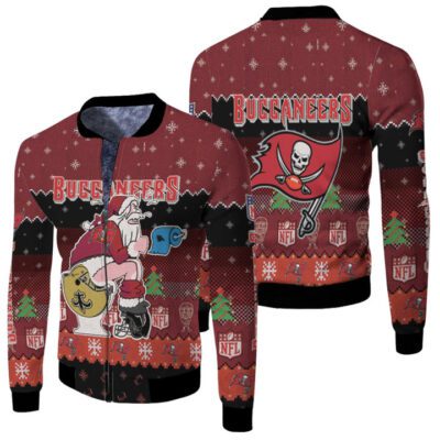 Santa Claus Tampa Bay Buccaneers Sitting on Panthers Saints Falcons Toilet Christmas Gift For Buccaneers Fans Fleece Bomber Jacket