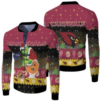 Santa Grinch Arizona Cardinals Sitting on Rams Seahawks Chargers Toilet Christmas Gift For Cardinals Fans Fleece Bomber Jacket
