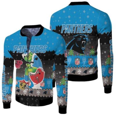 Santa Grinch Carolina Panthers Sitting on Buccaneers Falcons Saints Toilet Christmas Gift For Panthers Fans Fleece Bomber Jacket