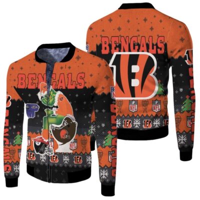 Santa Grinch Cincinnati Bengals Sitting on Browns Ravens Steelers Toilet Christmas Gift For Bengals Fans Fleece Bomber Jacket