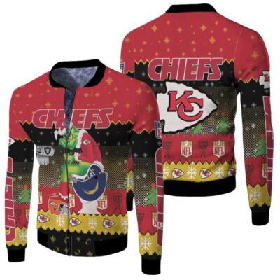 Santa Grinch Kansas City Chiefs Sitting on Chargers Raiders Broncos Toilet Christmas Gift For Chiefs Fans Fleece Bomber Jacket