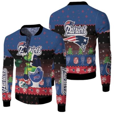 Santa Grinch New England Patriots Sitting on Bills Jets Dolphins Toilet Christmas Gift For Patriots Fans Fleece Bomber Jacket