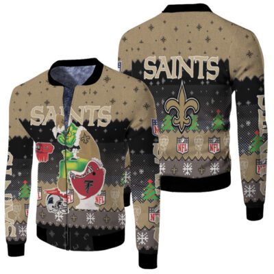 Santa Grinch New Orleans Saints Sitting on Falcons Buccaneers Panthers Toilet Christmas Gift For Saints Fans Fleece Bomber Jacket