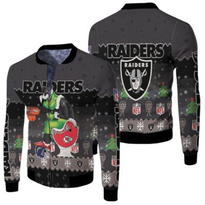 Santa Grinch Oakland Raiders Sitting on Chiefs Broncos Chargers Toilet Christmas Gift For Raiders Fans Fleece Bomber Jacket