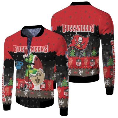 Santa Grinch Tampa Bay Buccaneers Sitting on Saints Panthers Buccaneers Toilet Christmas Gift For Buccaneers Fans Fleece Bomber Jacket