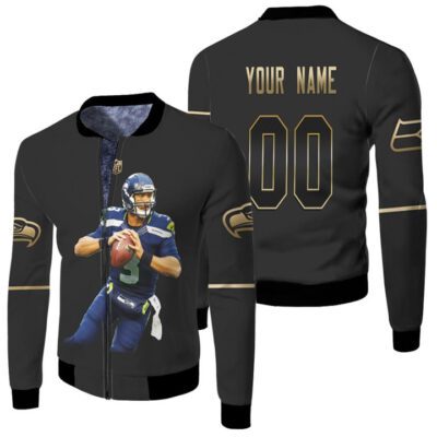 Seattle Seahawks Russell Wilson 3 Black Golden Edition 3D Personalized Gift With Custom Number Name For Seahawks Fans Fleece Bomber Jacket
