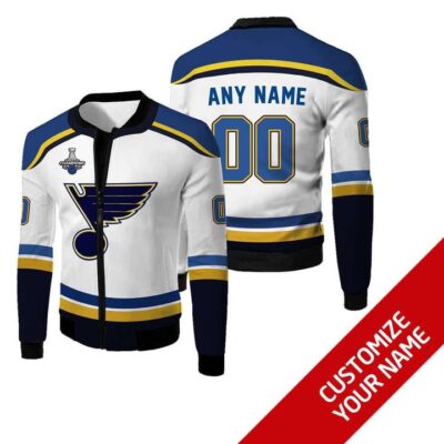 St. Louis Blues #00 Personalized White Jersey Style Gift With Custom Number Name For Blues Fans Fleece Bomber Jacket