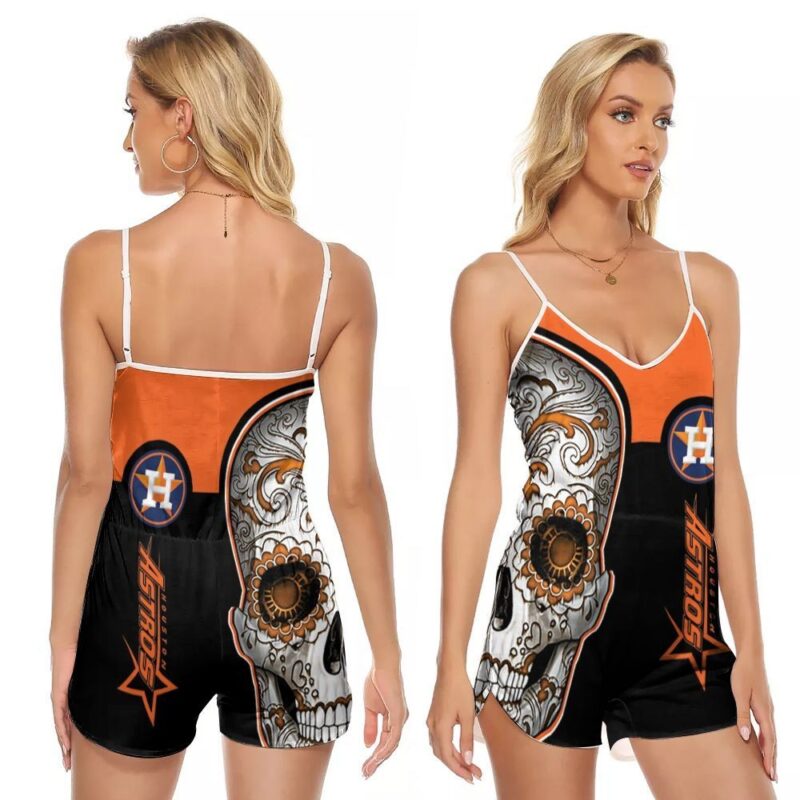 Sugar Skull Houston Astros Flower Pattern 3d designed for Houston Astros fan V-neck Romper Jumpsuit RJ00913