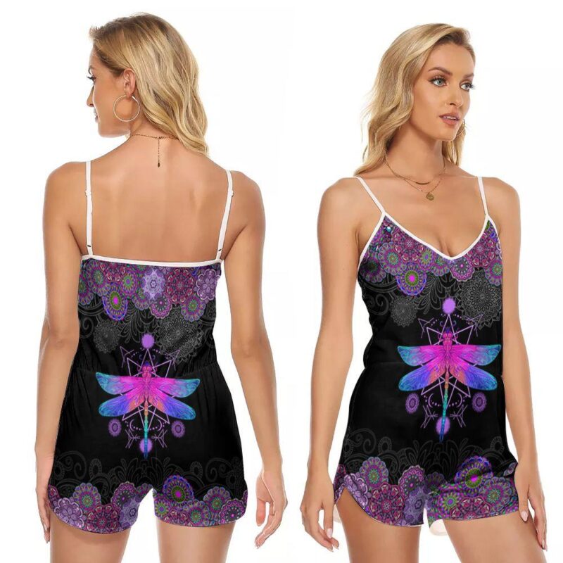 The Colorful Dragonfly Mandala Art Pattern Gift For Dragonfly Lovers Motivation Culture Enthusiast V-neck Romper Jumpsuit RJ01118