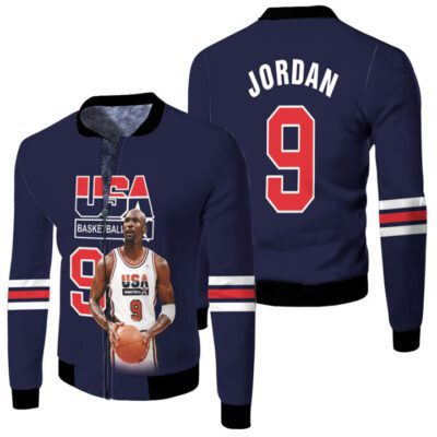 USA Basketball Michael Jordan 9 NBA Team Throwback Dark Blue Jersey Designed Gift For Jordan Fans Fleece Bomber Jacket