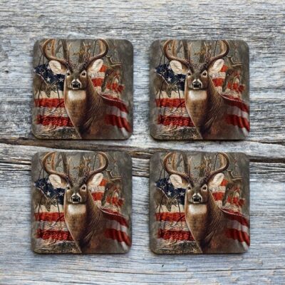 USA Flag Cameo Deer Drinkware Coaster (Set of 4)