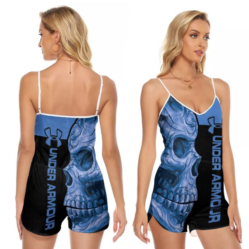 Under Armour Blue Flowers Pattern Skull 3D Designed For Under Armour Fans Under Armour Lovers V-neck Romper Jumpsuit RJ00861