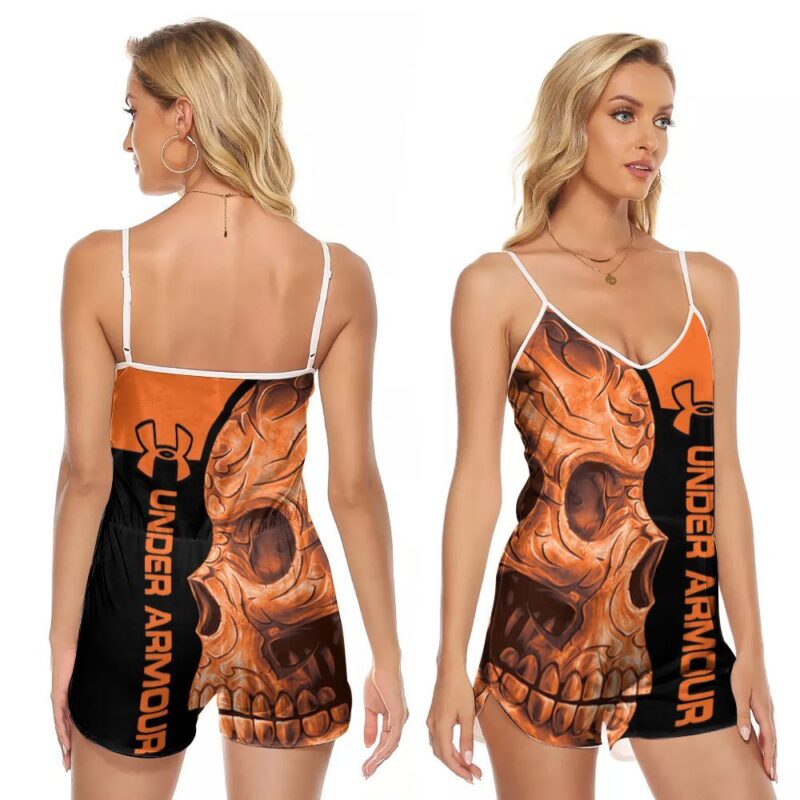 Under armour orange flowers pattern skull 3d designed for Under armour lovers V-neck Romper Jumpsuit RJ01105