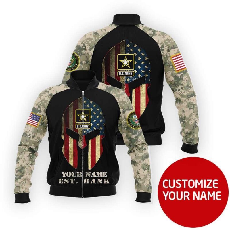 Us Army Us Flag Warrior Helmet Personalized Name Rank Army Design Gift For Veterans Fans Bomber Jacket BJ03678