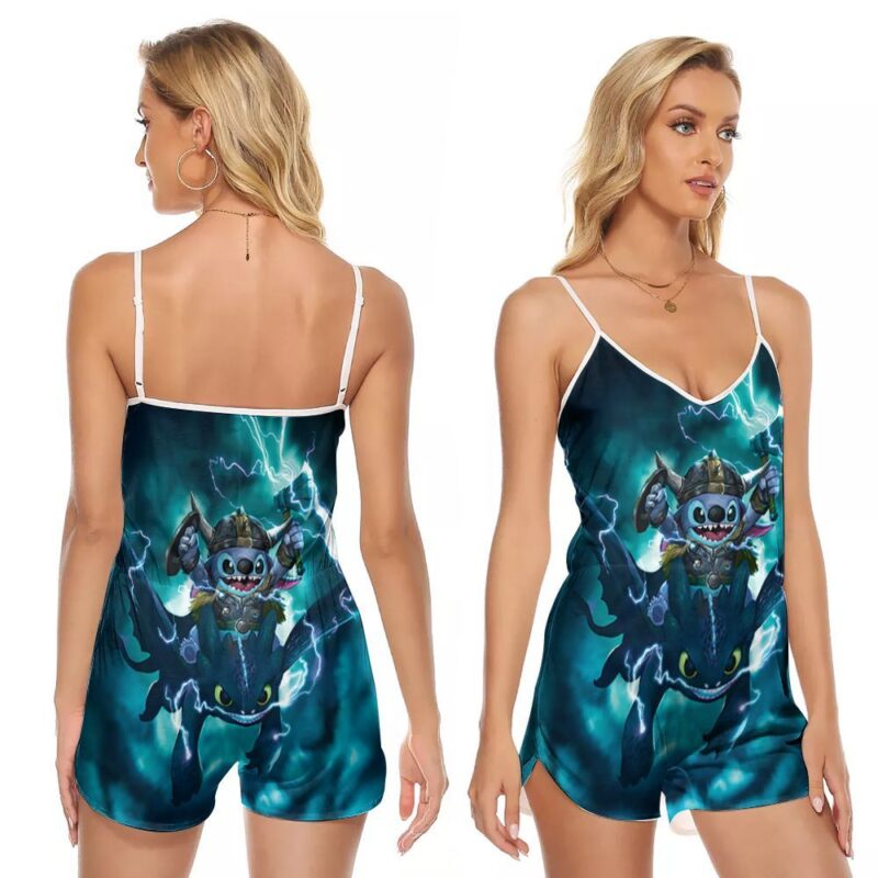 Viking Stitch And Toothless Combination Gift For Viking Stitch Toothless Fans Cartoon Movie Lovers 2 V-neck Romper Jumpsuit RJ00947