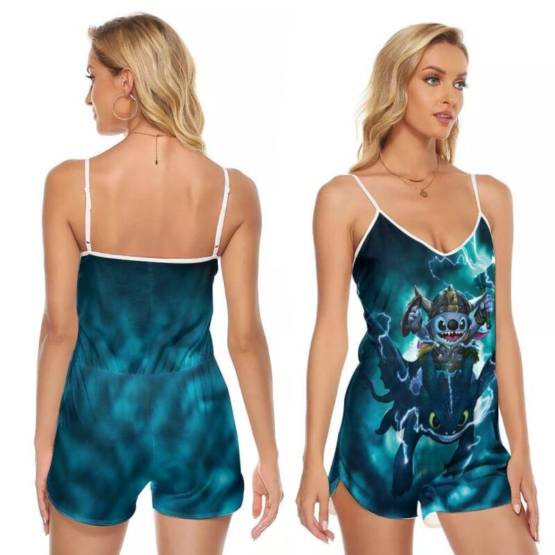Viking Stitch And Toothless Warriors Friends 3d designed for Stitch Fans Toothless Fans V-neck Romper Jumpsuit RJ01490