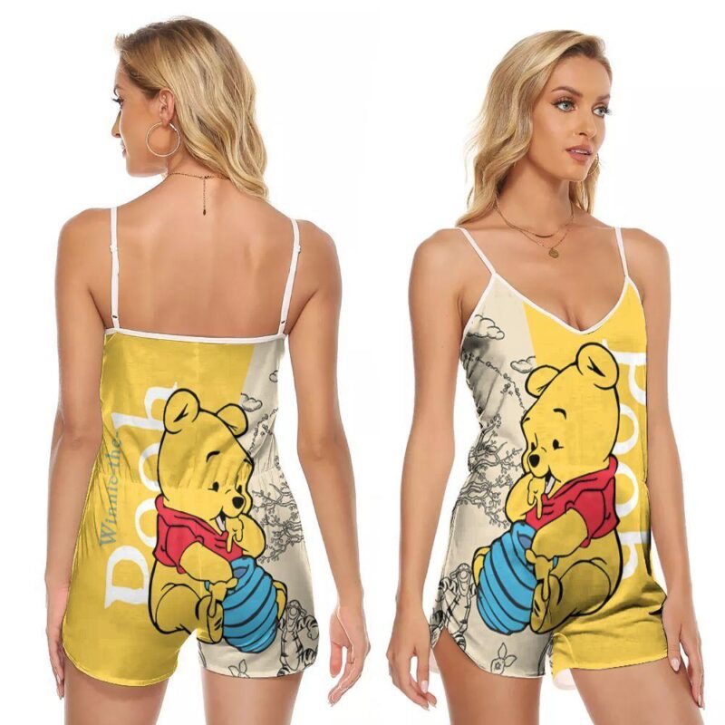 Winnie The Pooh Bear Fictional Character Gift For Winnie The Pooh Fans Cartoon Movie Lovers V-neck Romper Jumpsuit RJ00831