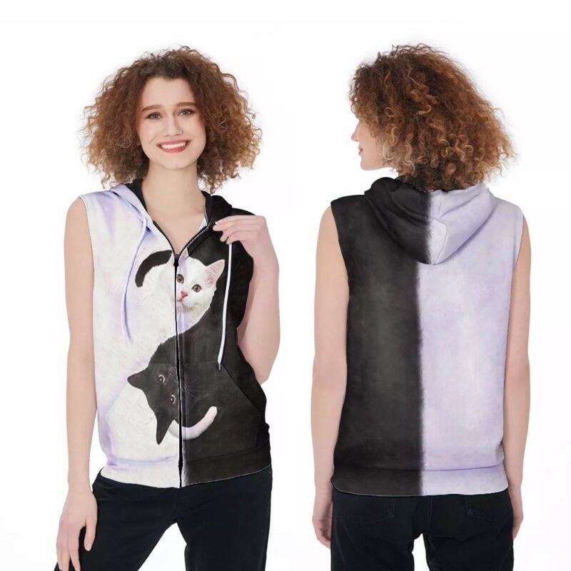 Yin and yang Black White Cute Cats 3D Designed Allover Gift For Cats Lovers Cats Moms Zip Sleeveless Hoodie ZSH0846