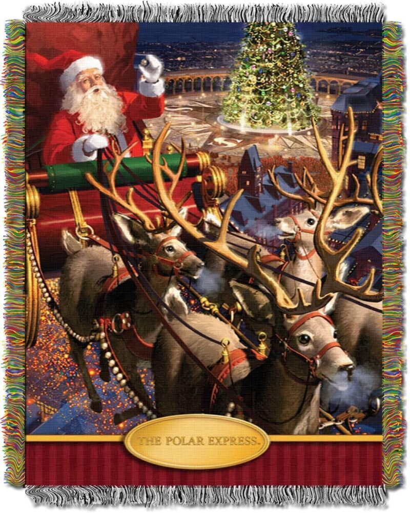 Warner Brothers The Polar Express "Santa Flight" Woven Tapestry Throw Blanket