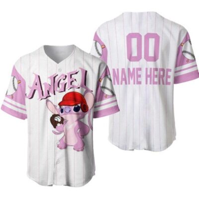 Angel Stitch Girlfriend White Pink Disney Unisex Cartoon Graphic Casual Outfits Custom Baseball Jersey 2