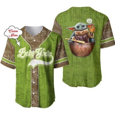 Baby Yoda Brown Navy Green Patterns | Disney Unisex Cartoon Graphic Casual Outfits | Custom Baseball Jersey