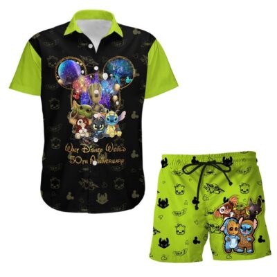 Baby Yoda & Friends 50th Anniversary Glitter Castle Disney Hawaiian Summer Vacation Button Down Shirt Shorts Set Unisex Outfits