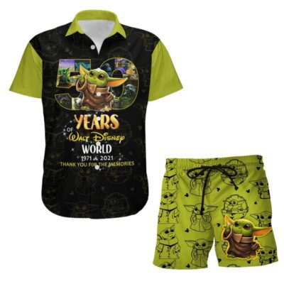 Baby Yoda Green 50th Anniversary Glitter Castle Disney Hawaiian Summer Vacation Button Down Shirt Shorts Set Unisex Outfits
