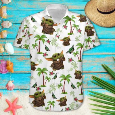 Baby Yoda Palm Trees Summer Tropical Print Disney Hawaiian Button Down Shirt Shorts Set Unisex Outfits 2
