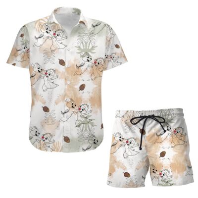 Chip 'n' Dale Nuts Summer Tropical Print Disney Hawaiian Button Down Shirt Shorts Set Unisex Outfits