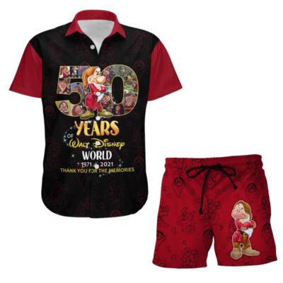 Grumpy Dwarf Red 50th Anniversary Glitter Castle Disney Hawaiian Summer Vacation Button Down Shirt Shorts Set Unisex Outfits 2