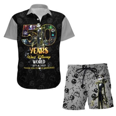 Jack Skellington Gray 50th Anniversary Glitter Castle Disney Hawaiian Summer Vacation Button Down Shirt Shorts Set Unisex Outfits 2