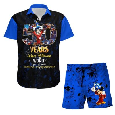 Mickey Fantasia Blue 50th Anniversary Glitter Castle Disney Hawaiian Summer Vacation Button Down Shirt Shorts Set Unisex Outfits