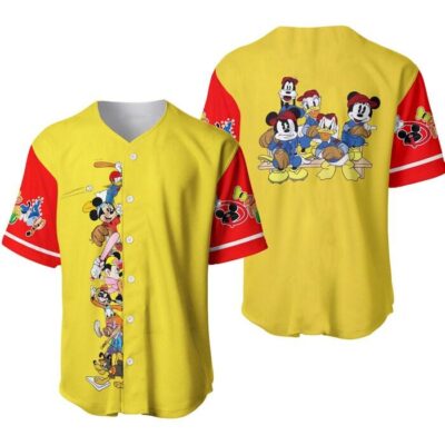 Mickey Minnie Friends Yellow Red Disney Unisex Cartoon Graphic Casual Outfits Custom Baseball Jersey 1