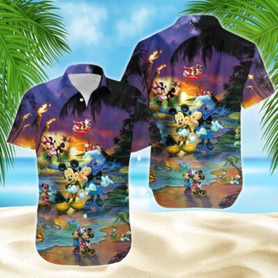 Mickey Minnie Mouse Sunset Beach Disney Hawaiian Button Down Shirt Vacation Cartoon Outfits 3