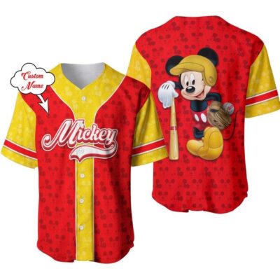 Mickey Mouse Neon Red Yellow Patterns | Disney Unisex Cartoon Graphic Casual Outfits | Custom Baseball Jersey