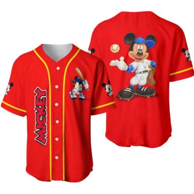 Mickey Mouse Red Yellow Disney Unisex Cartoon Graphic Casual Outfits Custom Baseball Jersey 1
