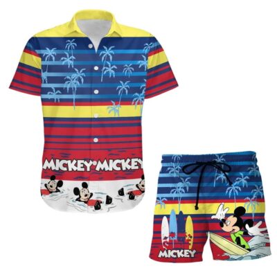 Mickey Surf Swimming Summer Tropical Print Disney Hawaiian Button Down Shirt Shorts Set Unisex Outfits