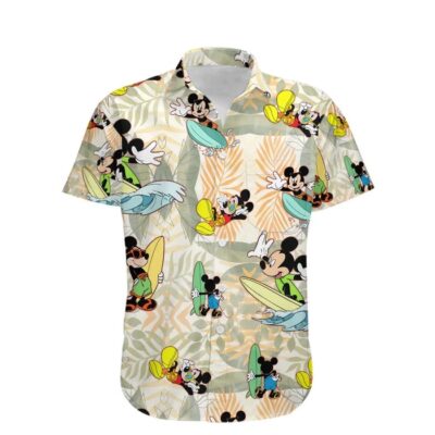 Mickey Surfing Waves Summer Tropical Print Disney Hawaiian Button Down Shirt Shorts Set Unisex Outfits 2