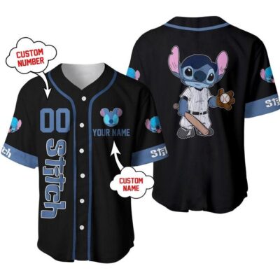 Stitch Blue Black | Disney Unisex Cartoon Graphic Casual Outfits | Custom Baseball Jersey