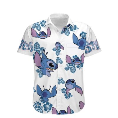Stitch Blue Hibiscus Summer Tropical Print Disney Hawaiian Button Down Shirt Shorts Set Unisex Outfits 2