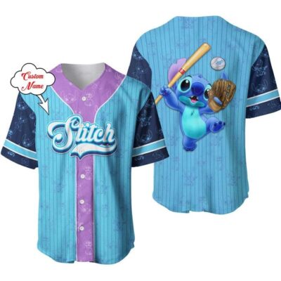 Stitch Blue Purple Patterns | Disney Unisex Cartoon Graphic Casual Outfits | Custom Baseball Jersey