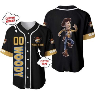 Toy Story Woody Golden Yellow Black | Disney Unisex Cartoon Graphic Casual Outfits | Custom Baseball Jersey