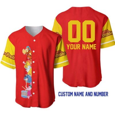 Winnie Pooh Bright Red Yellow | Disney Unisex Cartoon Graphic Casual Outfits | Custom Baseball Jersey