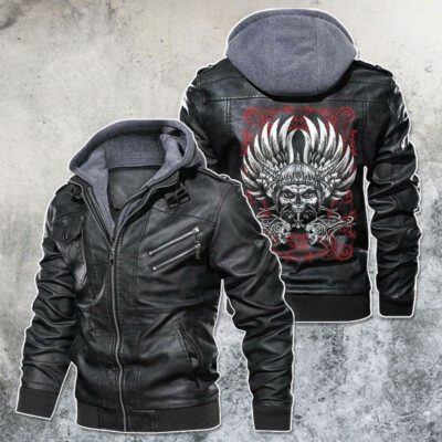 America Native Skull Black Brown Red Leather Jacket With Removable Hood For Mens Motorcycle Biking Racer LJ4541