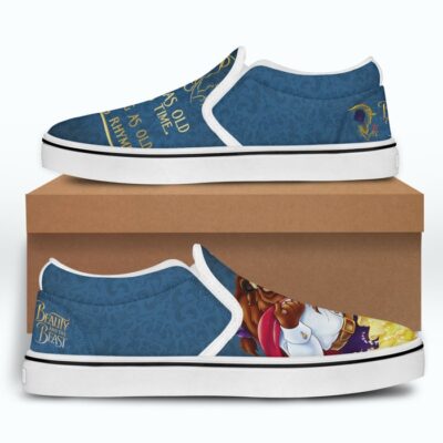 Beauty And The Beast Tale as Old as Time Blue Pattern Disney Graphic Cartoon Unisex Slip On Low Top Canvas Shoes 4