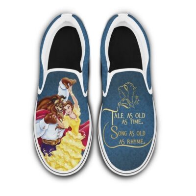 Beauty And The Beast Tale as Old as Time Blue Pattern Disney Graphic Cartoon Unisex Slip On Low Top Canvas Shoes