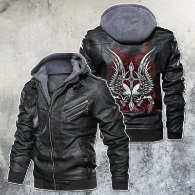 Bloody Cross Skulls And Wings Black Brown Red Leather Jacket With Removable Hood For Mens Motorcycle Biking Racer LJ4538